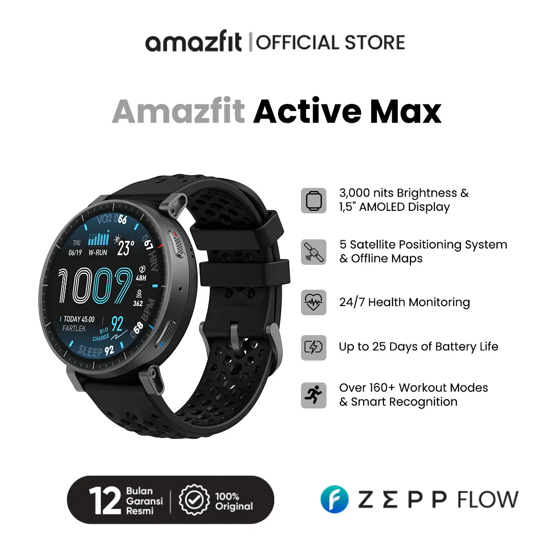Amazfit Active Max GPS Smartwatch Sportwatch 2026 Layar 1.5" Baterai 25 Hari Fitness & Health Monitor AMOLED 3000 nits Bluetooth 5.3 Garansi Resmi