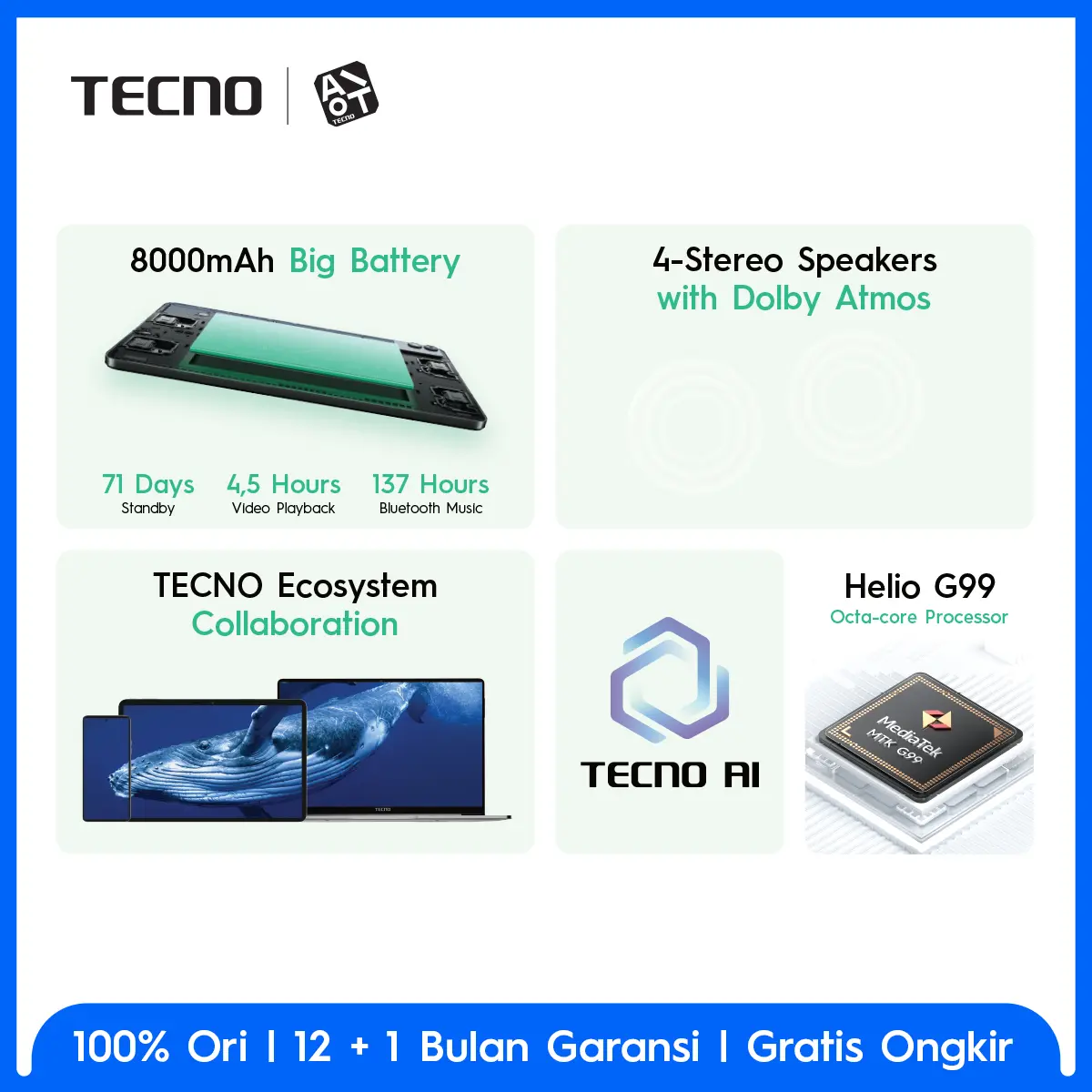TECNO MEGAPAD 11 - 8+8GB*/256GB, 11inch Ultra Screen, Eye Care Mode, Sim Card + T-Flash, 8000mAh, 18W Fast Charging, MediaTek Helio G99, Android 14