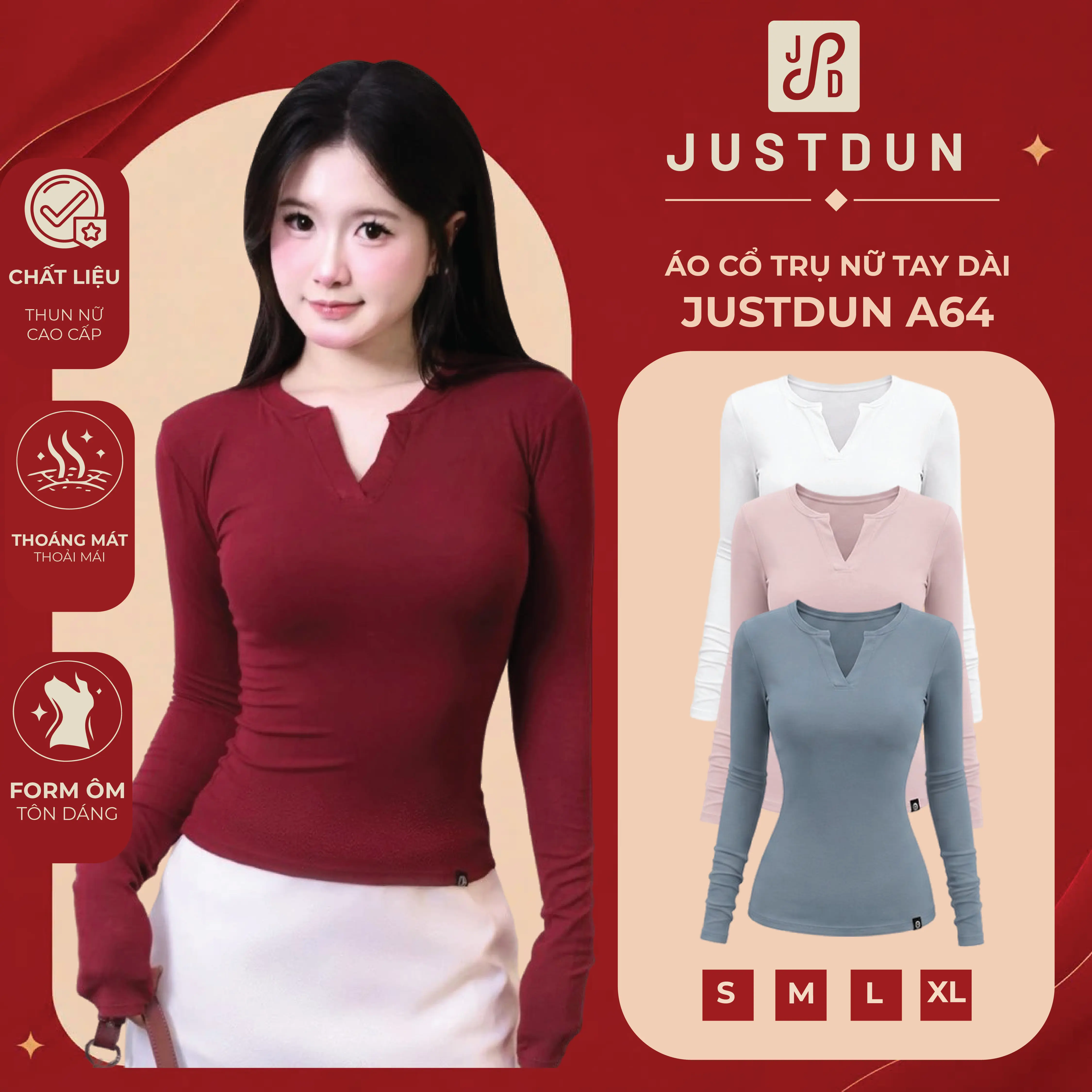 [DEAL XẢ KHO] Áo Cổ Trụ Nữ Tay Dài JUSTDUN A64 - Vải Cotton Cao Cấp Mềm Mịn, Co Giãn Thoải Mái, Tôn Dáng