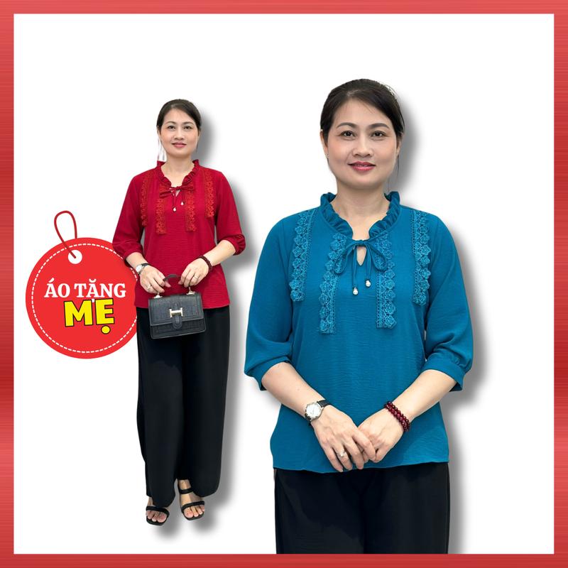 Áo Trung Niên A569 Mẫu Sơ Mi Nữ Cổ Tròn Phối Ren Bèo Thắt Nơ Tặng Mẹ Trung Tuổi Top Thời Trang Women NP Clothing U60