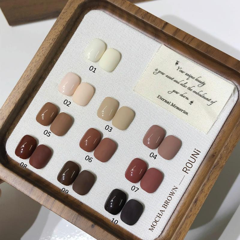  ROUni sơn gel màu nâu chuyên dụng cho nail mùa thu đông 2025: màu cà phê sữa màu caramel màu nâu chocolate 