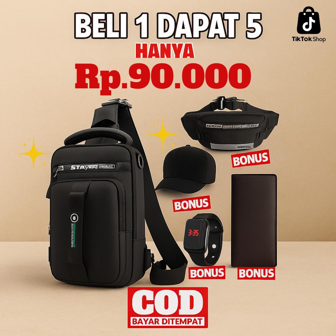 PAKET CERIA - Beli 1 Dapat 5 Tas Multifungsi Get Waistbag Dompet Topi dan Jam Tangan