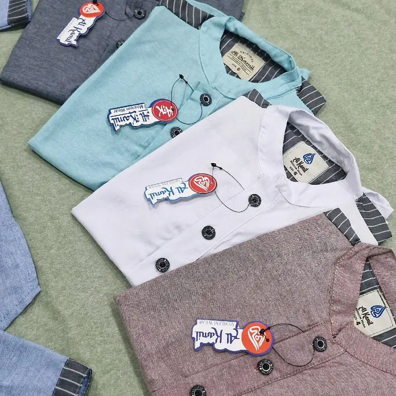 Setelan Kokokurta Anak Laki-Laki Bahan Katun Oxford dengan (Variasi Salur) Atasan Baju Muslim Lembut Celana Panjang Nyaman Kain Kombinasi Pendek 8