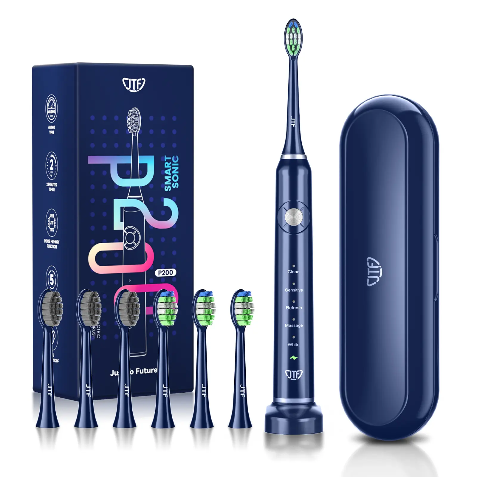 JTF Sonic Electric Toothbrush - with Travel Case and 6 Brush Heads, Fast Charging toothbrushes for 60 Days Long Lasting, 5 Modes Power Toothbrush