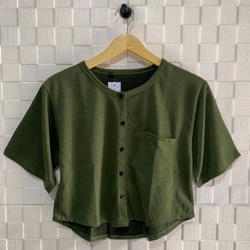 ATASAN CROP TOP KANCING OVAL PENDEK KANTONG POLOS WANITA / ATASAN WANITA / BAJU WANITA KEKINIAN 5