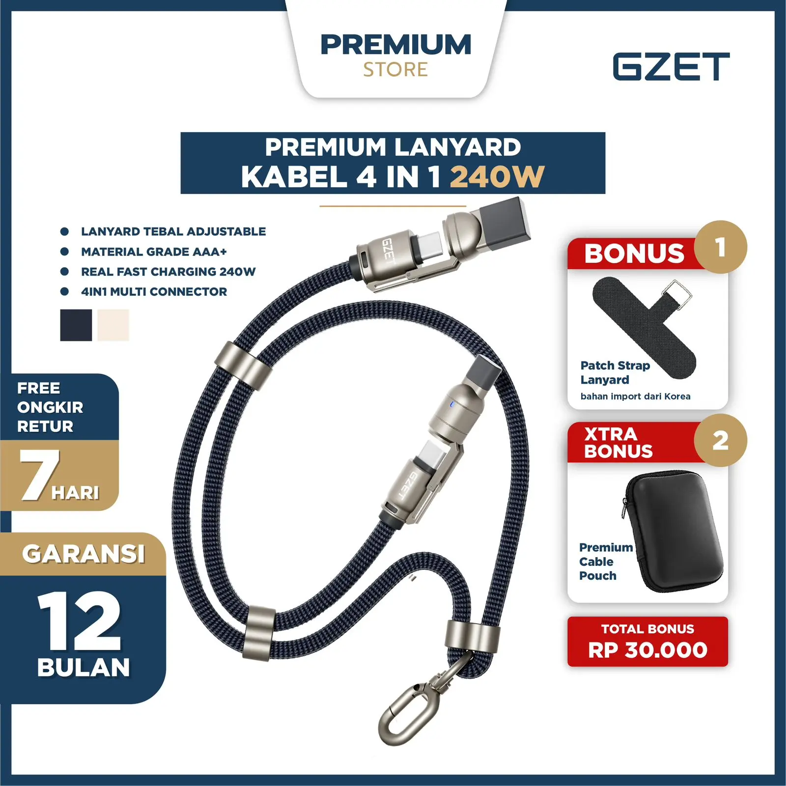 GZET Lanyard Kabel Data Charging 4in 1 240W Fast Charging Data Cable Braided 1.5 Meter