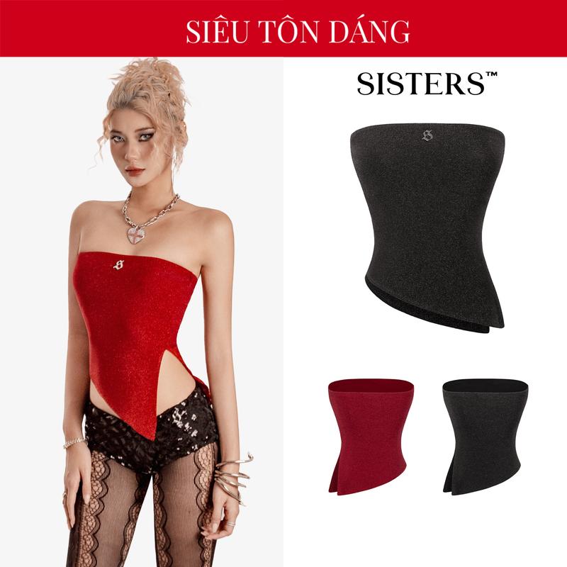 Áo croptop cúp ngực ánh kim lấp lánh SISTERS thiết kế vạt chéo xẻ tà bên sườn màu đỏ và đen siêu gợi cảm Elfin | SS-T61