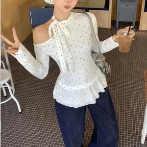 Women's Polka Dot Bow Lace Hem Long Sleeve T-Shirt, Early Autumn Inner Layering Top, Casual Fashion Blouse for Women 3659# Womenswear