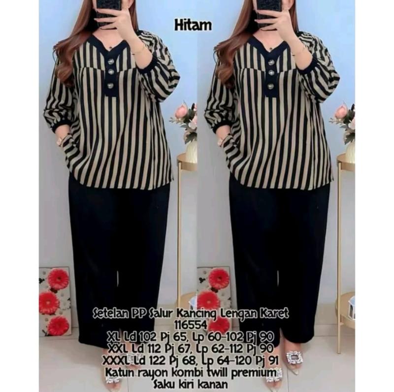 SETELAN SALUR LD 110 120 130CM XL XXL SETELAN KATUN RAYON TWILL 116554 - SET MOTIF SALUR WANITA jumbo soft peach murah Baju Celana Kancing 2