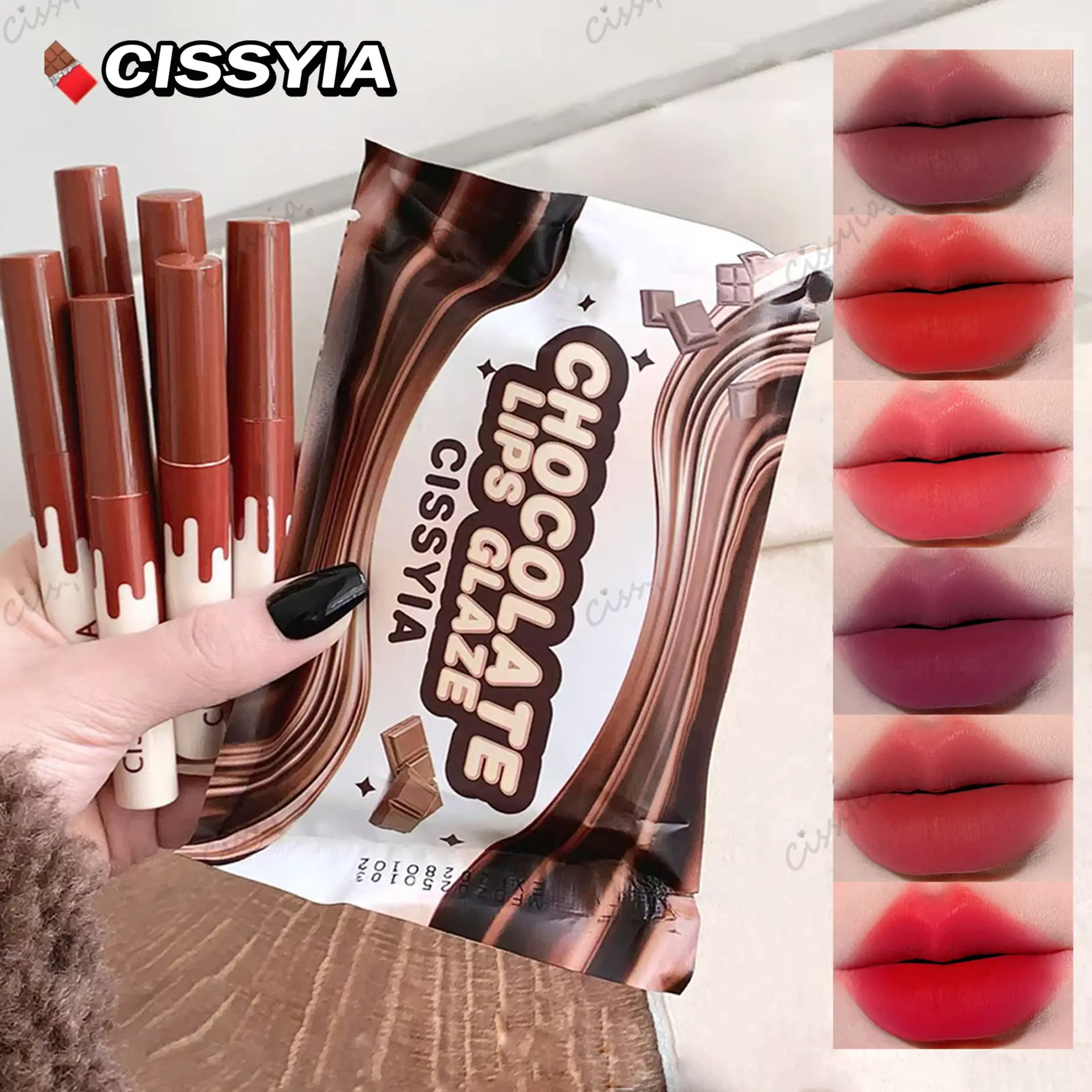 【Promo】Cissyia 6PCS Set Lipstick Matte Coklat - Lipstick matte tahan air dan anti-luntur. Set lipstick matte dengan tekstur seperti beludru, mudah diaplikasikan, tidak lengket, cocok untuk penggunaan sehari-hari, sesuai untuk wanita dan pelajar.