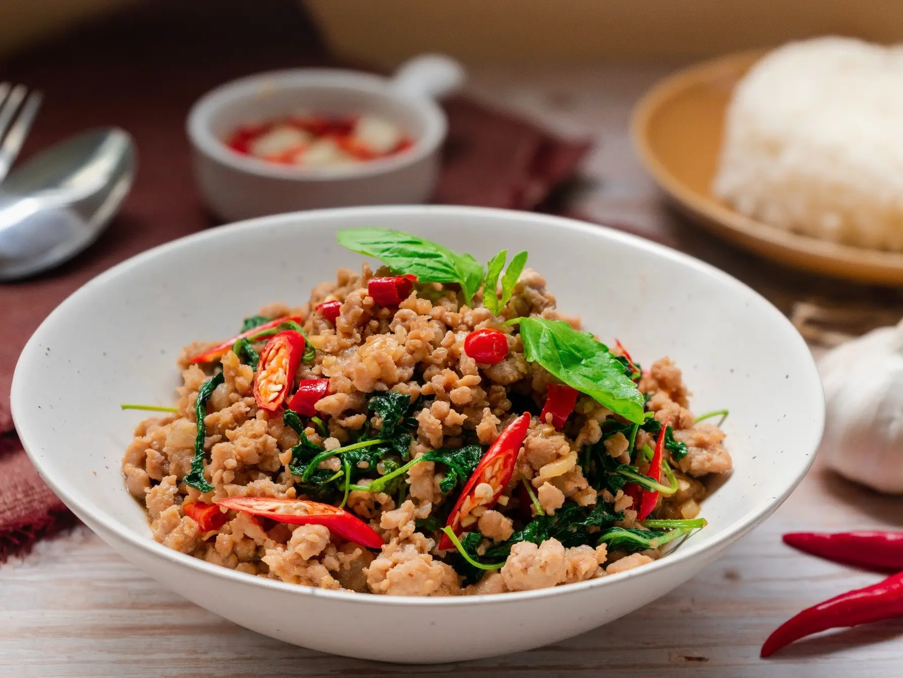 Basil Leave Minced ChickenThai Basil Minced Chicken. This classic Thai dish, known as Pad Kra Pao, is crafted using high-quality ingredients to give you an authentic, delicious meal in minutes