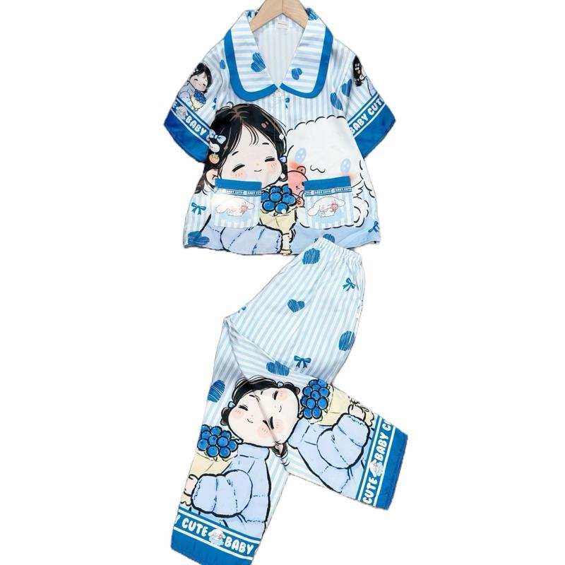  HOÀNG MY KIDS ms184: Bộ Quần Dài Áo Tay Ngắn Cổ Lá Sen Cánh Dơi Cho Bé Gái Chất Liệu LỤA LATIN TƠ TẰM In 3D Cao Cấp Size 22-53kg Thoáng Mát Thấm Hút Mồ Hôi Set 