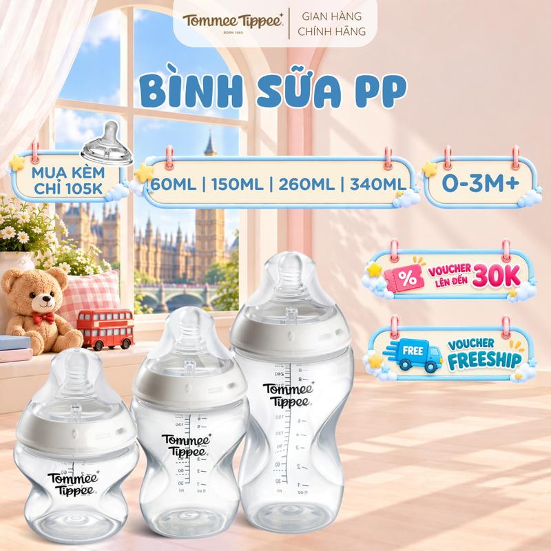 Bình Sữa PP Tommee Tippee Nhiều Size Nhiều Màu, Được Mua Kèm Thêm 1 Size Núm Ty Bất Kì