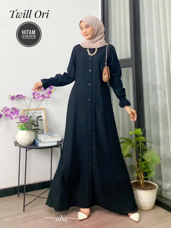 gamis polos twil ori dress panjang busui tali samping Muslim Twill Kancing Cantik Karet Wudhu Kain Lembut Tebal Kerah Motif Wanita Rayon Katun Mewah Baju Maxi 5