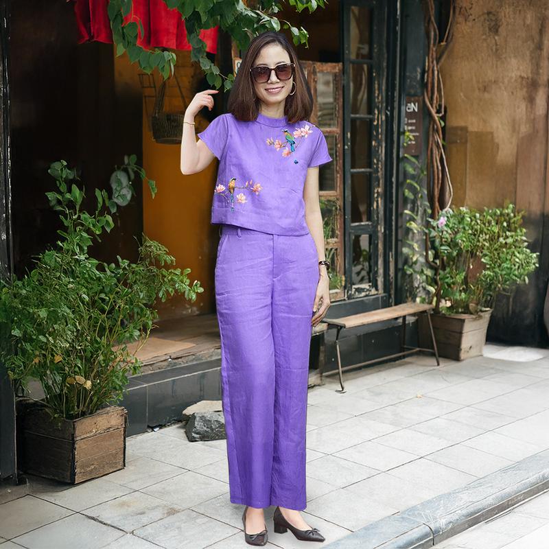 Set đồ nữ Tết, Bộ nữ áo thêu hoạ tiết sang trọng, set đồ nữ quần dài ống suông lưng thun phía sau chất liệu đũi tơ xước cao cấp