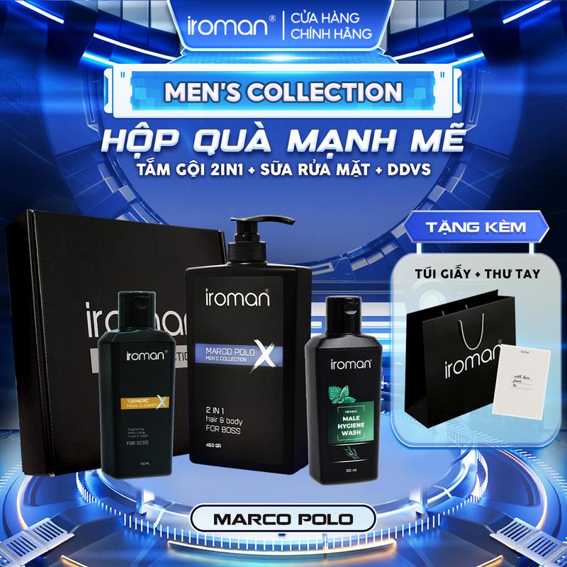 Hộp Quà Mạnh Mẽ IROMAN Tắm Gội 2in1 450G+Sữa Rữa Mặt Chiết Xuất Nghệ 120G+Tinh Chất Thảo Dược Vệ Sinh 120G Dành Cho Nam