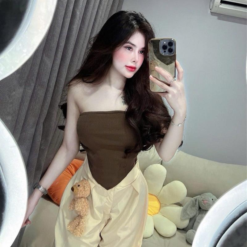 Set  áo ống nâu +quần xuông màu kem basic [kèm gấu]-H21