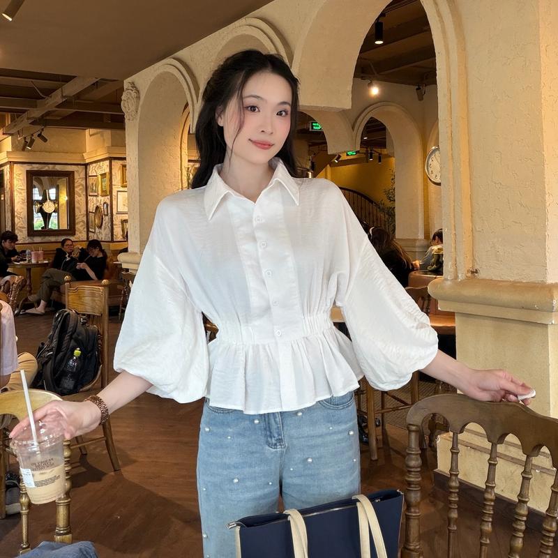 .Áo sơ mi nữ tay lồng đèn dáng chít eo xinh xắn trẻ trung LAMO - B1490