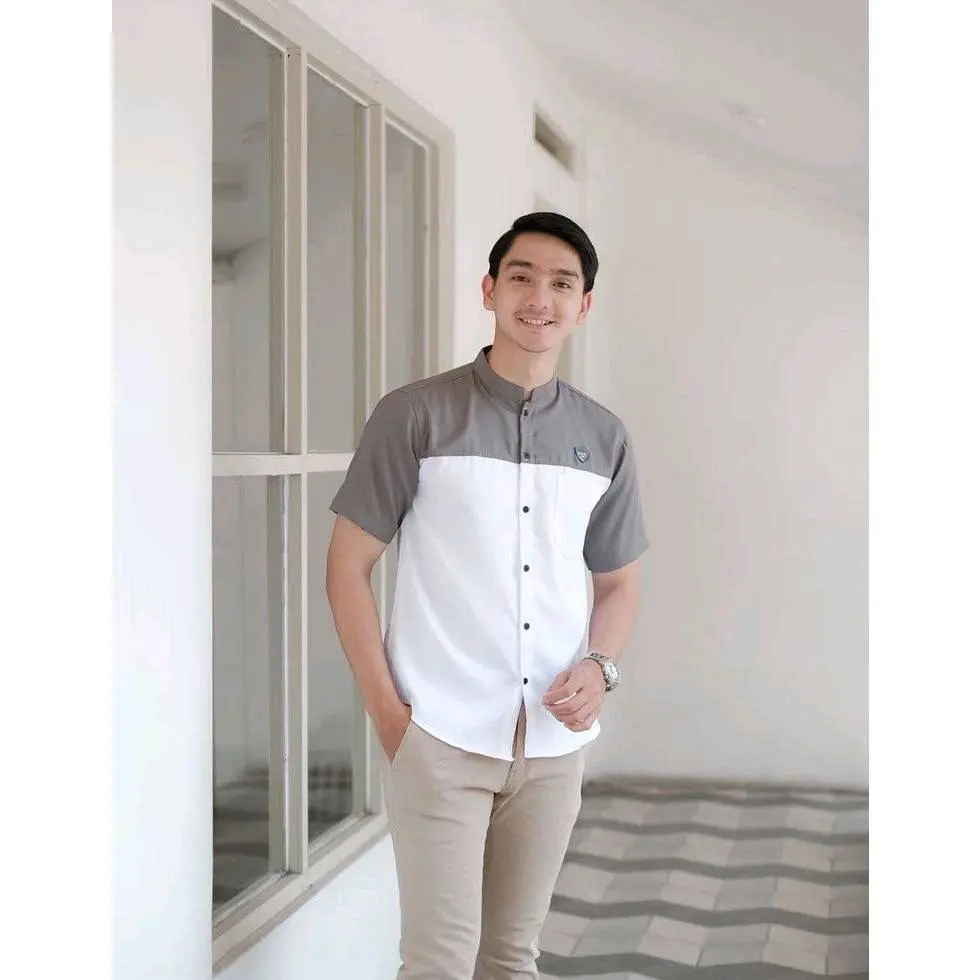 KOKO KOMBINASI WARNA_BAJU LEBARAN_SERAGAM LEBARAN_KOKO DEWASA Muslim Pria Kurta Pendek Katun Remaja Atasan Putih  Formal Nyaman