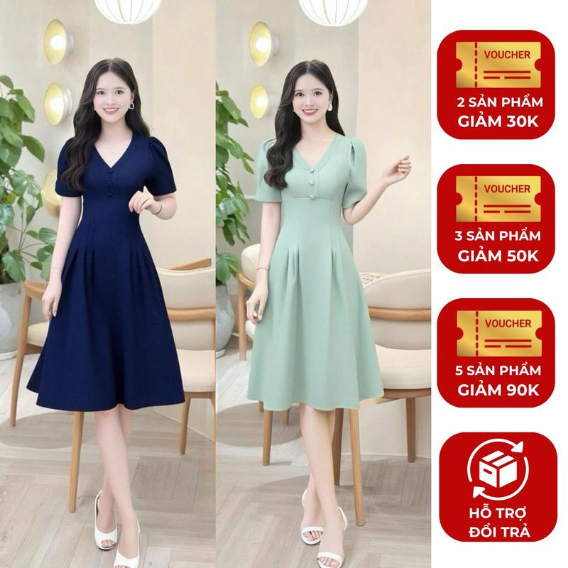 Đầm váy nữ thiết kế Nhật Vy tay ngắn dáng xoè chiết eo big size chất lụa công sở văn phòng dự tiệc quà tặng vợ mẹ màu kem xanh - D3418