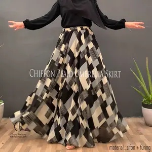 Griyaraditya Rok Sifon Panjang Payung Lebar Motif Kotak Tartan Kekinian Chiffon Plaid Almira Umbrella Skirt Cantik Bawahan Fit Maxi Rok Flare Pinggang Karet