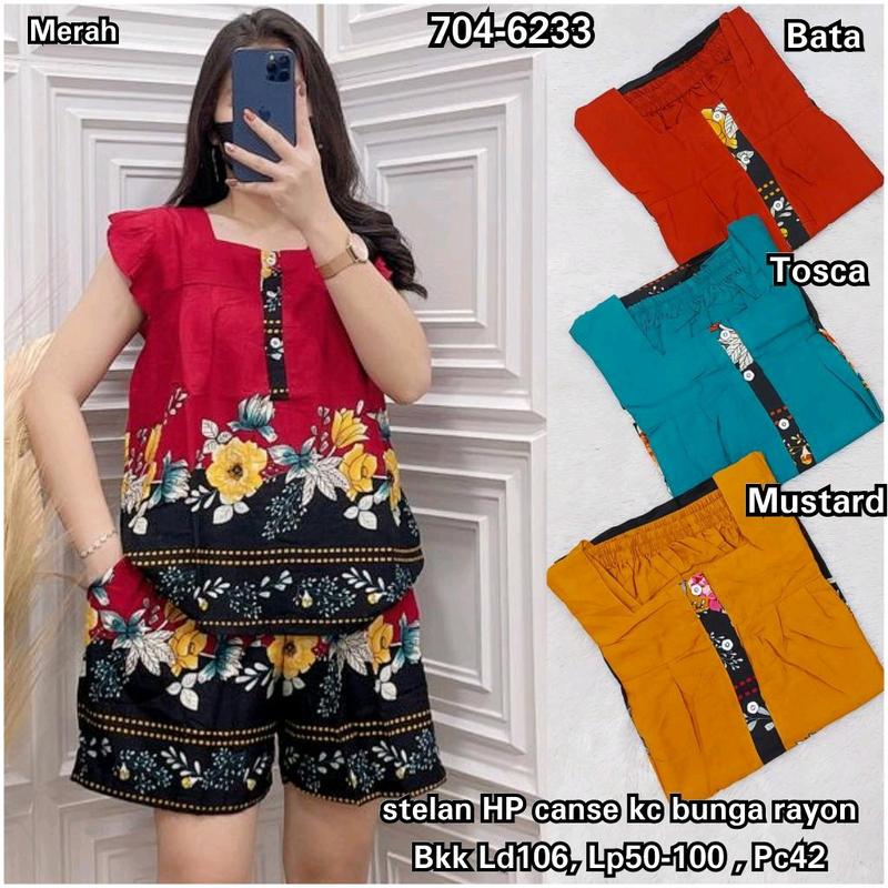 286 Setelan Pendek Canse Kancing Abstrak Corak Bunga Katun Twill Halus Rayon Wanita Baju Motif Cantik 0