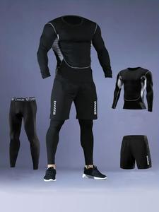 メンズ 長袖コンプレッションTシャツ・レギンス・反射素材ショートパンツのトレーニングウェアセット、ランニング時・バスケットボール・ハイキング・トレーニング向けの通気性に優れた速乾スポーツウェアセット
