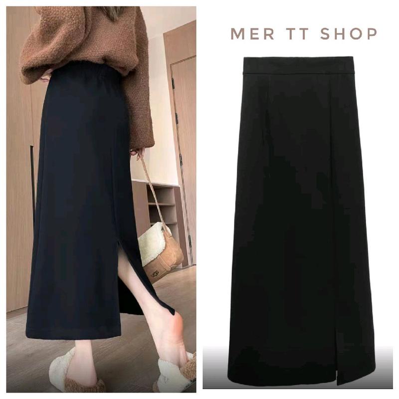  Chân váy nữ chữ A thun cotton hàn suông xẻ sau dáng dài 80cm cạp cao tôn dáng midi không dây kéo che khuyết điểm eo cao A10 