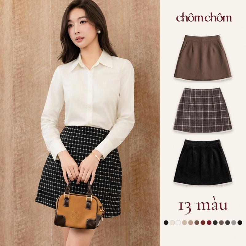 CAROLAN · Chân Váy Chữ A Nữ Cạp Cao Có Quần Trong, Túi Hai Bên, Bản Trơn · Dạ · Nhung Tăm, 13 Mẫu, Dài 40-46cm | CHÔM CHÔM