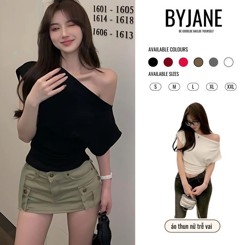 Áo trễ vai cộc tay nữ cotton co giãn BYJANE - 623