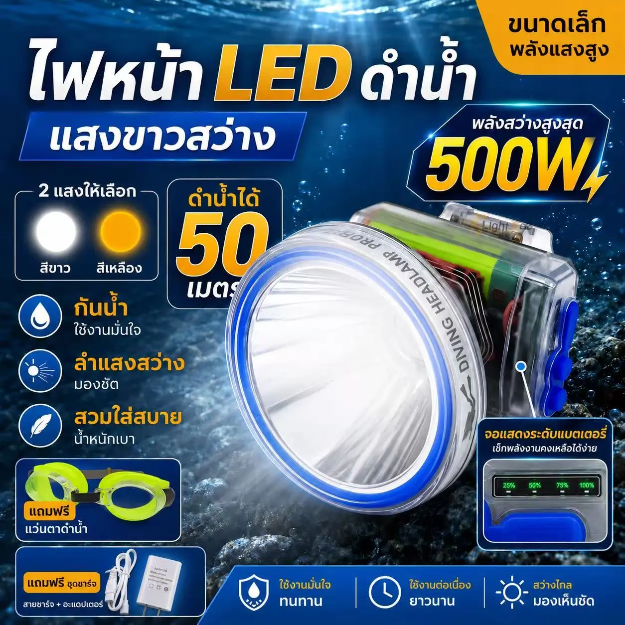 ไฟฉายเดินป่า ไฟฉายคาดหัว LED ดำน้ำลึก 500W 800W กู้ภัย ก่อสร้าง หม้อแบต ส่องกบ  หัวไฟชาร์จแบตได้