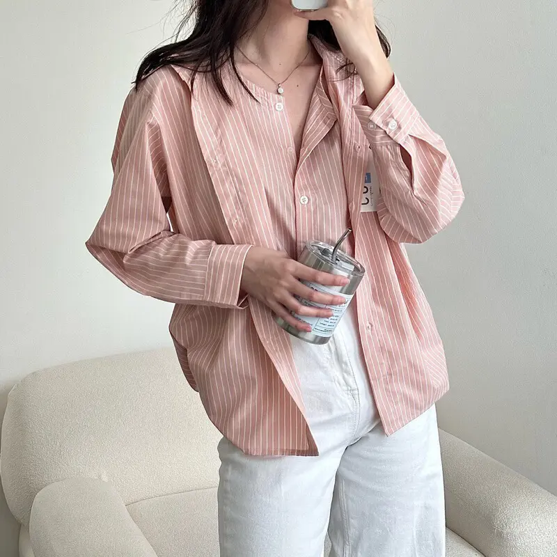 Stripe Shirt Double Layer Wanita/Kemeja Katun Layer Office Kantor Atasan Wanita Lengan Panjang/Kemeja Korean Style