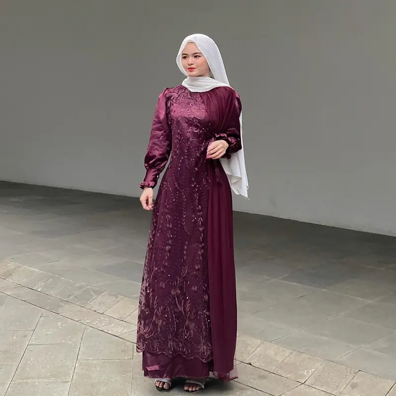 Gamis brokat 2025 model baru Kinar Dress Kondangan Terbaru Bahan Silk Kombinasi Tile Gamis Brukat Pesta Terbaru Warna Burgundy Ukuran S M L XL XXL XXXL Gaun Mewah Wanita Dewasa Lebaran Muslim 0