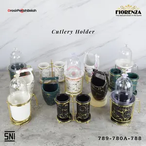 Fiorenza - Tempat Sendok Garpu Keramik dengan Rak & Tutup Wadah Peralatan Makan Estetik & Mewah | Motif Marble Linning Gold Emboss Bunga 789 780A 788