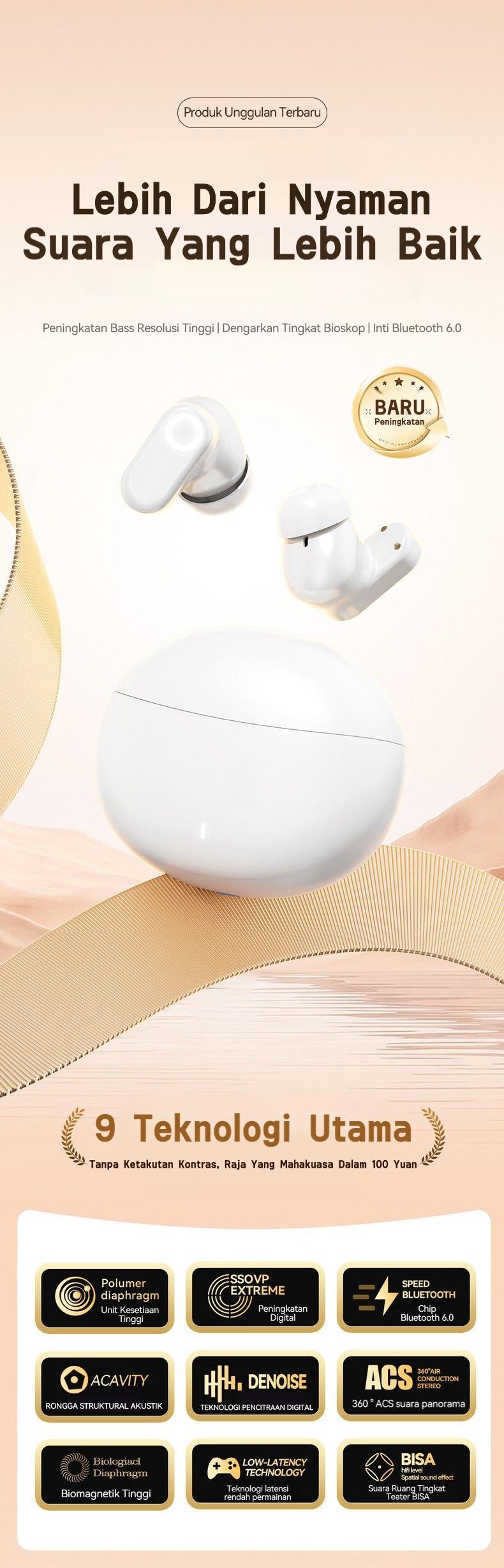 [COD] Yincoree [J16] Earphone Bluetooth 6.0 TWS - Reduksi Kebisingan Hybrid -48dB, 6-MIC ENC, 24 Jam Baterai, Latensi Rendah 0.04s, Audio 360° - Headset Nirkabel Kulit Gading untuk Gaming & Kerja In Ear Peredam Mikrofon Bawaan