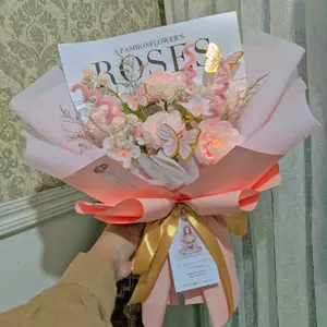 Buket Bunga Mix kupu-kupu Pink size Large  Bouqet Hadiah Wisuda Dekorasi Pernikahan Berwarna warping abu-abu gradasi