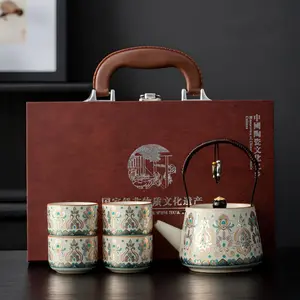 Heritage Chinese Tea Set 5 pcs in 1/ Teapot Gift Set / Tradition Set Cangkir Teh dan Teko Keramik dengan Tatakan Nampan