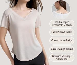 Women’s V-Neck Sports Tee – Naked Feel, Breathable, Loose Fit Yoga & Gym Top[YA99]
