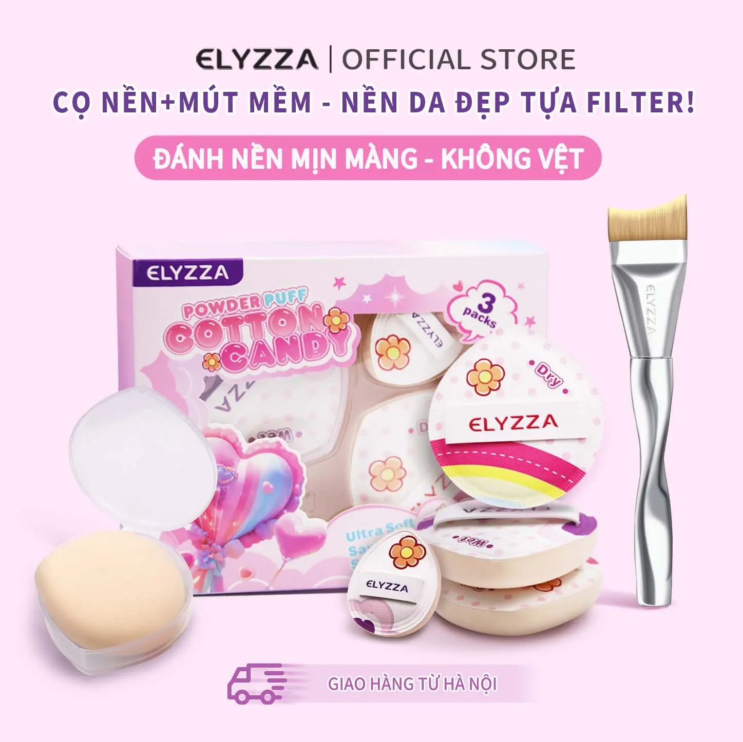 Bông Phấn Cotton Candy ELYZZA Mềm Mại Và Thân Thiện Với Da, Có Thể Sử Dụng Cả Khô Và Ướt, Kèm Theo Một Bông Phấn Nhỏ, Cọ Đánh Nền+Mút Đánh Nền(3 PCS) Giúp Trang Điểm Tinh Tế