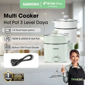 (BISA COD) Samono Panci Listrik Hotpot Multi Cooker 1,5L Dengan Kukusan Tutup Kaca 150 Watt (SW-DG04S) Putih Stainless