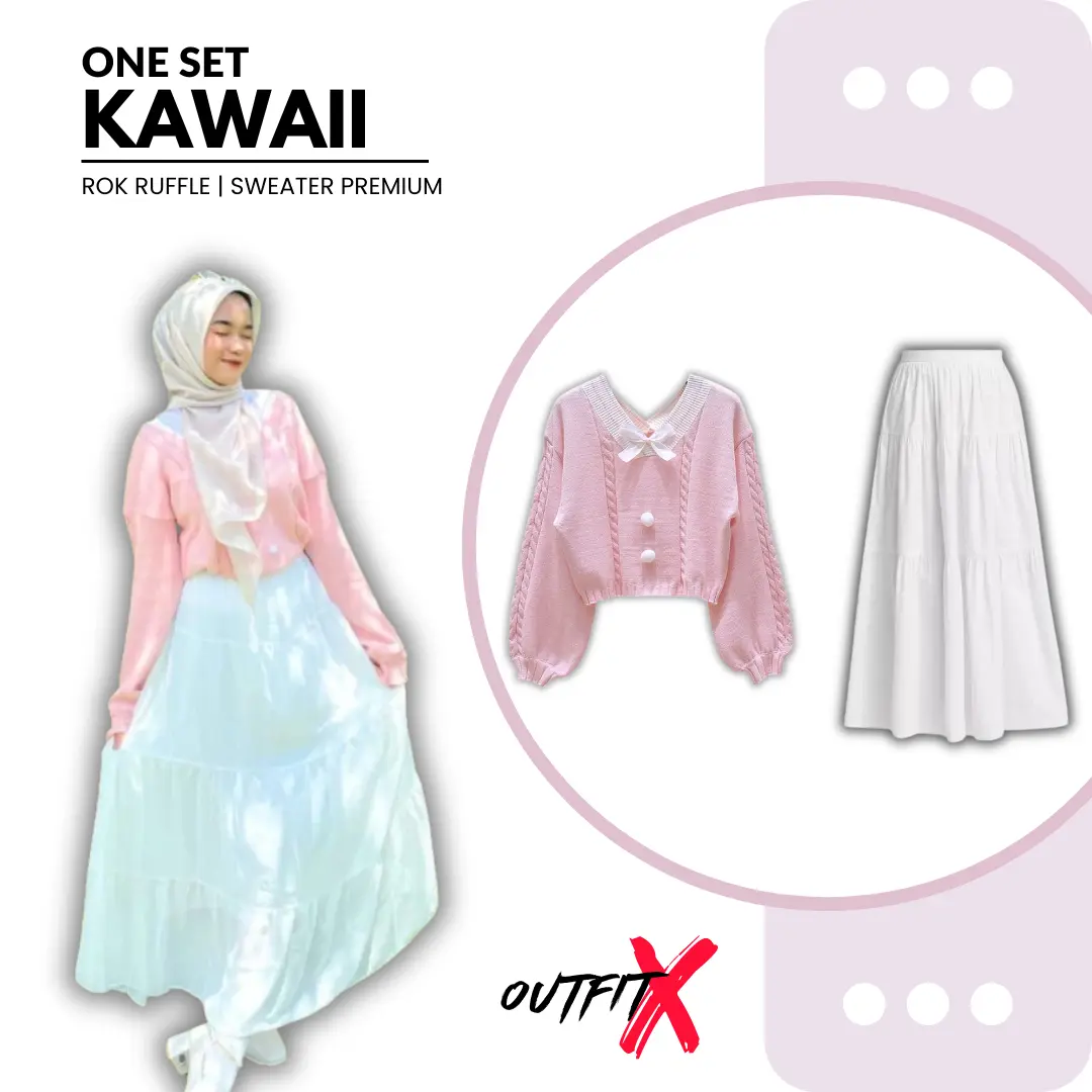 One Set Wanita Kekinian OOTD Korean Hijab Style outfit 1set Sweater Rajut Vintage Rok Ruffle Kawaii 1  set  Setelan wanita one set  Muslim   Panjang Pita Keren Melar