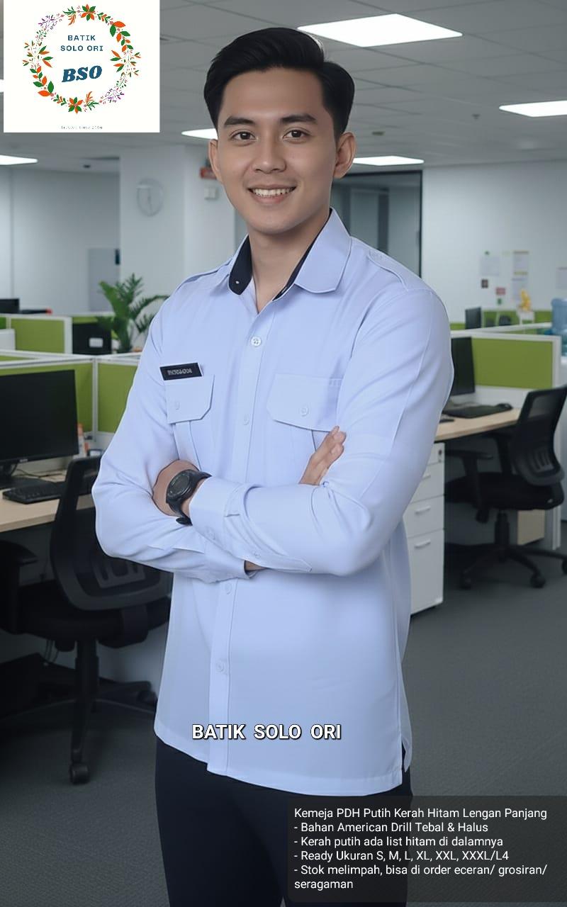 BATIK SOLO ORI Seragam PNS Kemeja PDH Pria Putih Kerah Hitam Bahan Drill Premium Nyaman Dipakai Sehari-hari Seragam PDH Putih Kerah Hitam Seragam PNS ASN PPPK Terbaru. Kemeja PDH Putih kerah hitam lengan panjang BATIK SOLO ORI Seragam PNS Kemeja PDH Pria Putih Kerah Hitam Bahan Drill Premium Nyaman Dipakai Sehari-hari Seragam PDH Putih Kerah Hitam Seragam PNS ASN PPPK Terbaru. Kemeja PDH Putih kerah hitam lengan panjang
