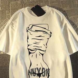 女性用半袖Tシャツ、高級トレンド個性的セクシーライン丸首、ゆったり、純綿カジュアルトップス、丸首、ショルダーベルト、ゆったりシルエット、通気性、肩落ちデザインプリントTシャツ夏のゆったりタイプ