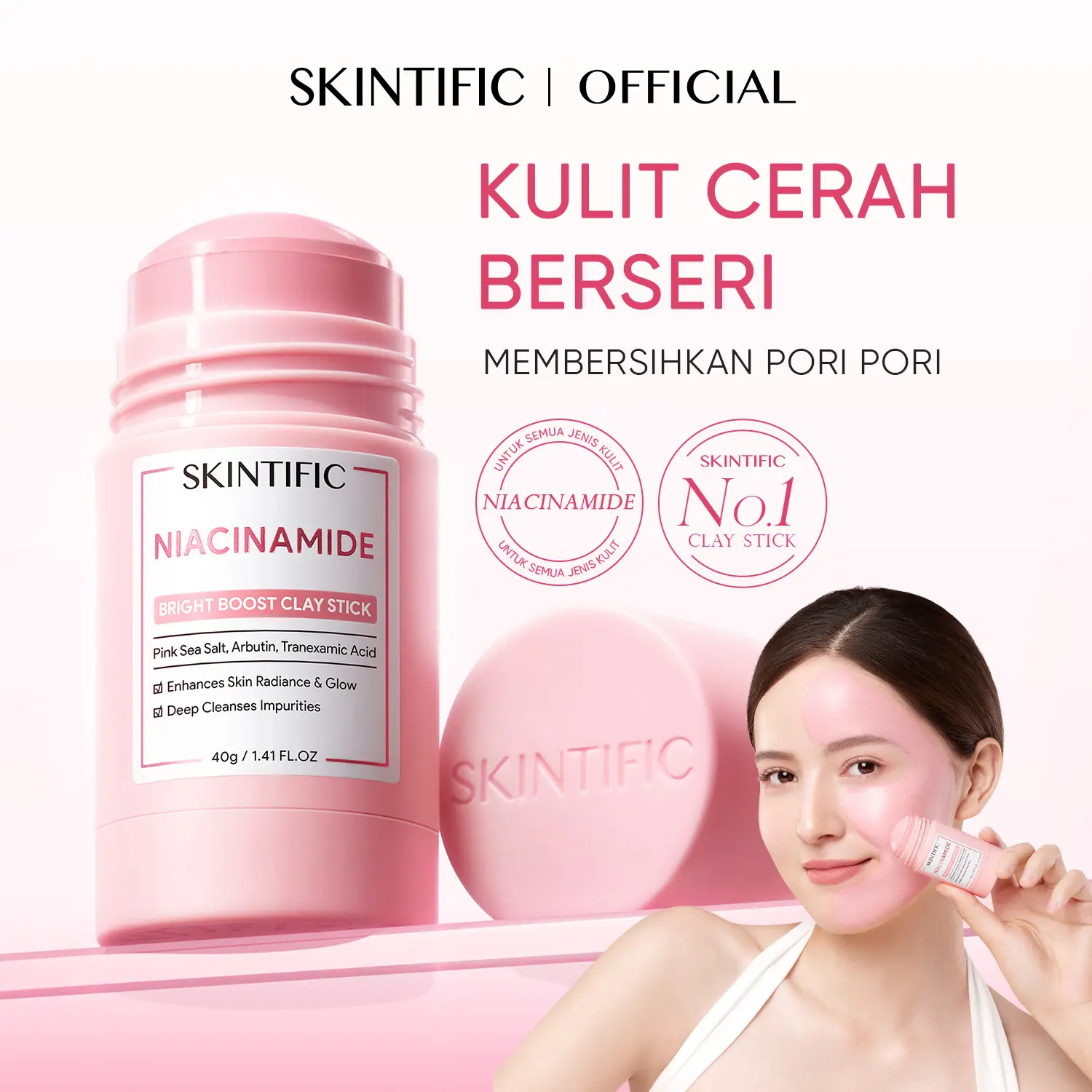 SKINTIFIC -Niacinamide Bright Boost Clay Stick-masker skintific warna pink Cleansing Face