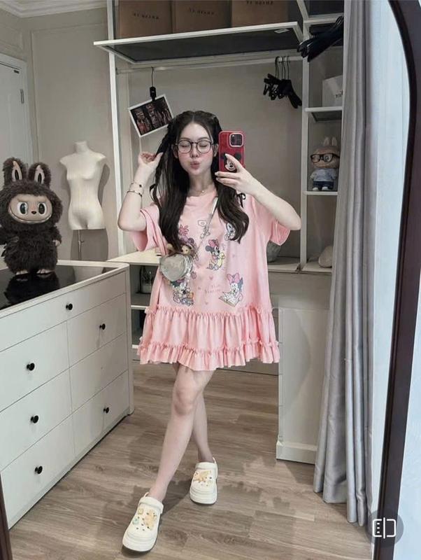 H22 VÁY BABYDOLL MICKY VIỀN BÈO Váy Suông Váy Tiểu Thư Sang Chảnh Váy Bầu Đầm Phông Dáng Rộng Chất Liệu Cotton Co Giãn Thoáng Mát Thấm Hút Mồ Hôi 2 Màu Hồng , Trắng sz 40-65kg