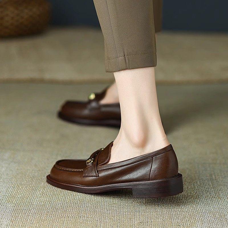 Product Introduction of Super Easy to Wear ~ Real Soft Leather round Toe Vintage Chunky Heel Loafers Women's Spring and Autumn New British Leather Shoes Mid-Heel Shoes 13