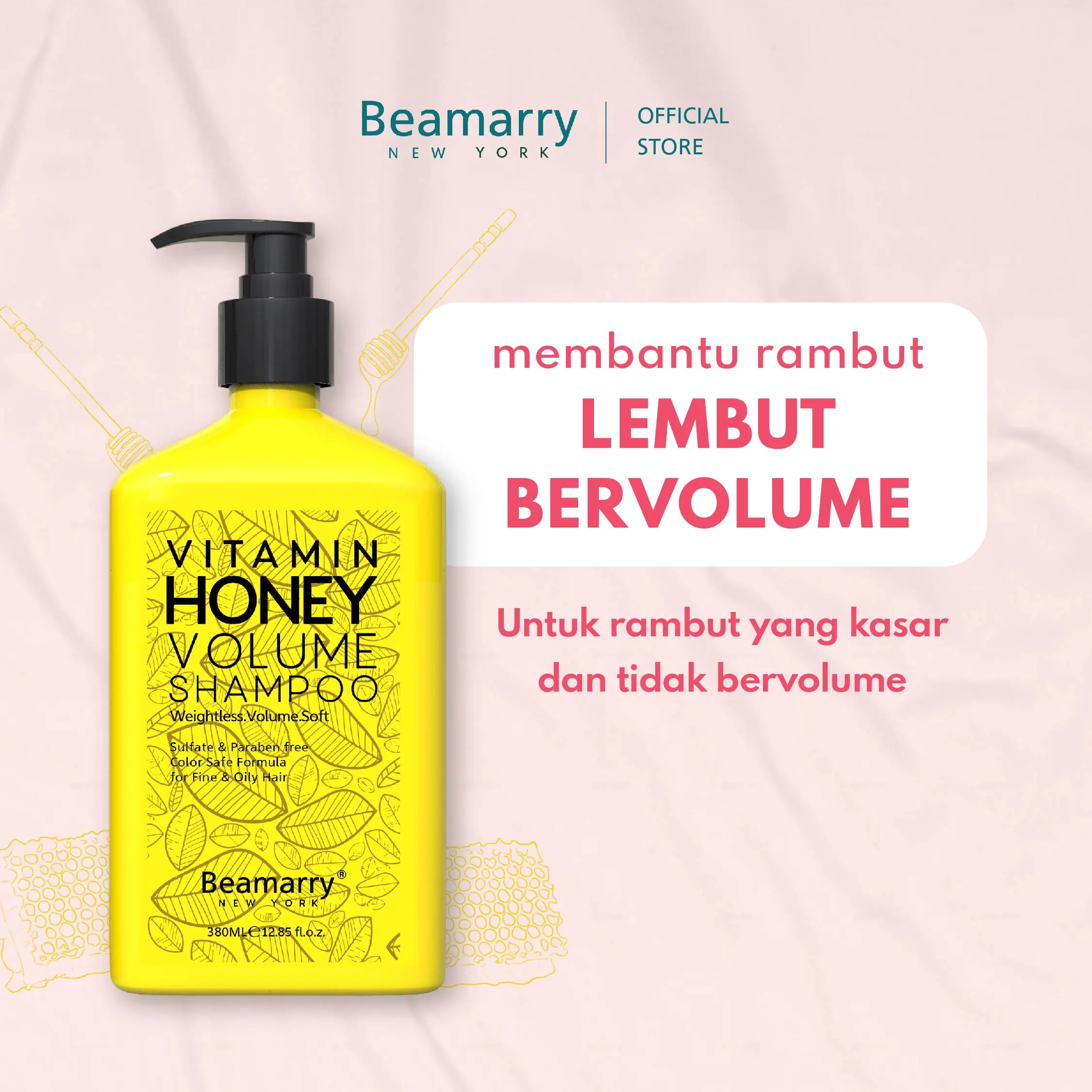 Beamarry Hair Care | Shampoo Vitamin Honey Volume 380ml | Menebalkan Volume Rambut, Anti Kering, Antik Kusut, Anti Rontok, Anti Tipis, Honey Extract.