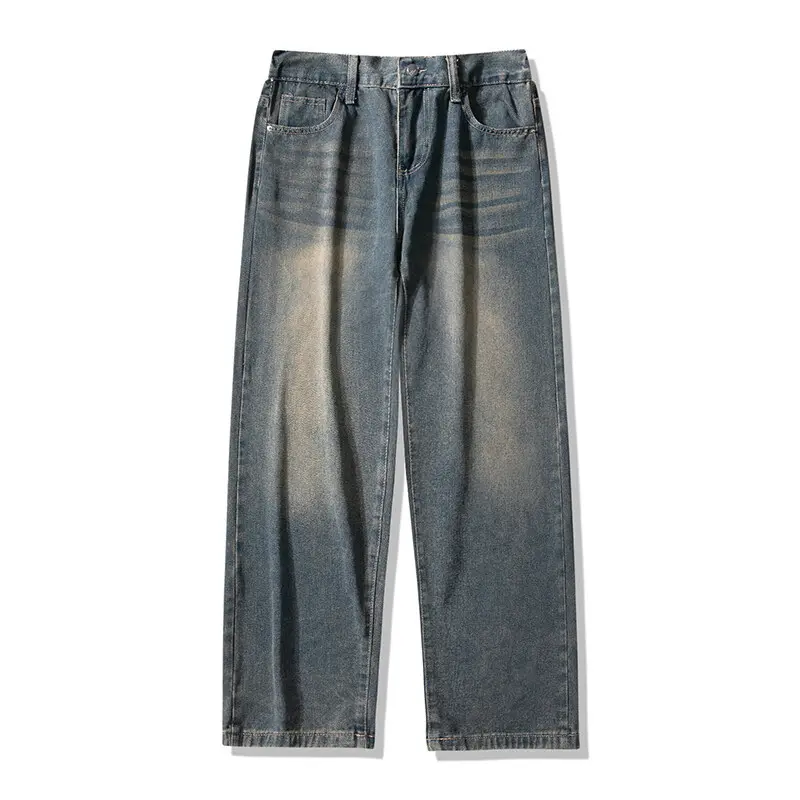 Retro jeans men's spring and autumn 2024 new trendy loose straight trousers washed old wide-leg pants Menswear Denim Beige Pocket Plain Casual