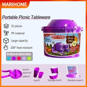 32pcs Picnic Set Outdoor Portable Tableware Set Large Capacity Camping Picnic Box Set Berkelah Plastik Kitchen Plate