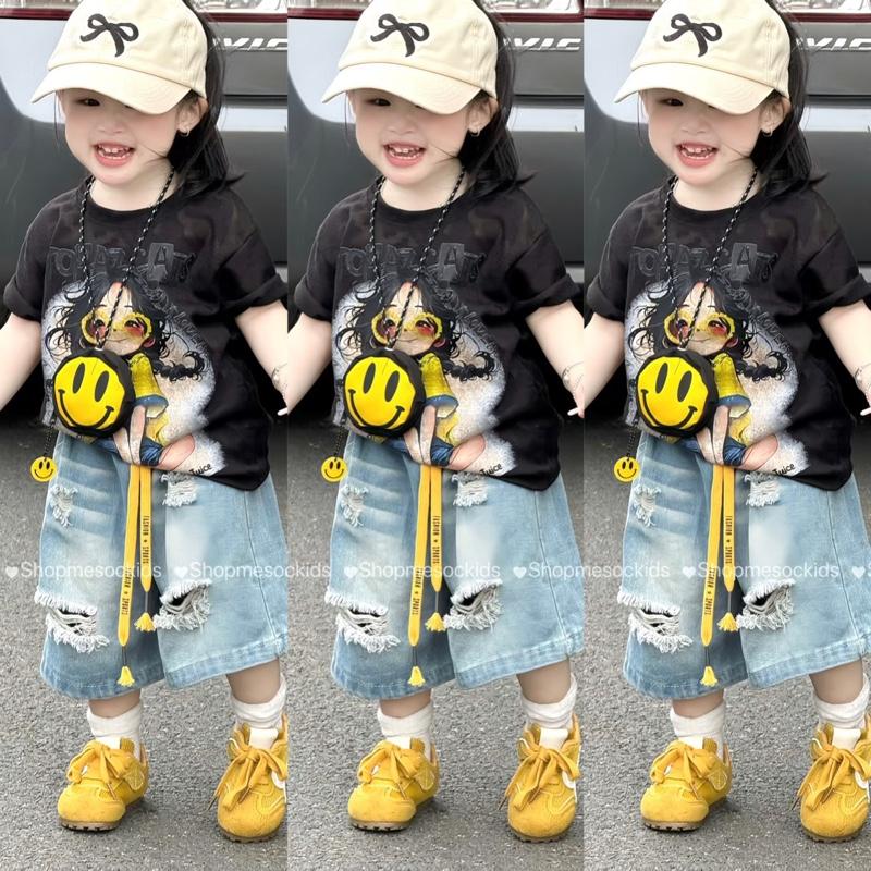   Shopmesockids  Quần áo hè,Sét áo COTTON cô gái tóc xù mix quần jean ngố 12 đến 35kg cho bé gái 